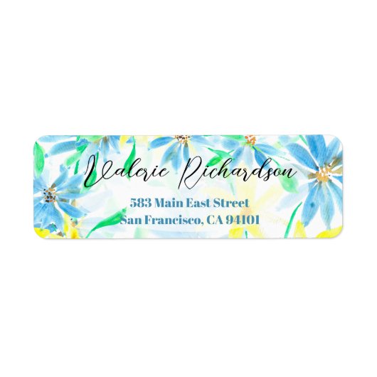 Blauw en Geel Waterverf Bloemen Retouradres Etiket (Voorkant)