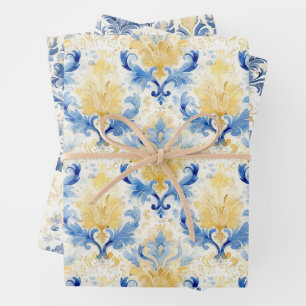 BLAUW EN GEEL WATERVERF DAMASK CADEAU INPAKPAPIER VEL