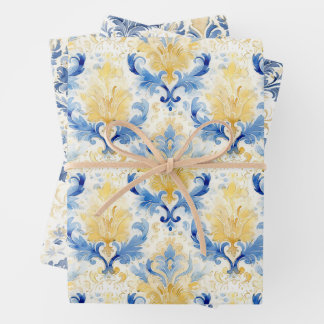 BLAUW EN GEEL WATERVERF DAMASK CADEAU INPAKPAPIER VEL