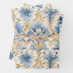 BLAUW EN GEEL WATERVERF DAMASK CADEAU INPAKPAPIER VEL