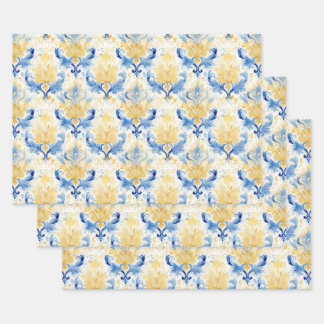 BLAUW EN GEEL WATERVERF DAMASK DECORATIEF PAPIER INPAKPAPIER VEL