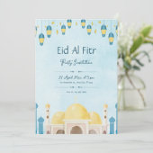 Blauw en geel waterverf Eid-feest Kaart (Staand voorkant)
