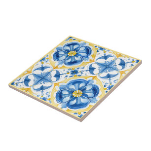 Blauw en geel, waterverf floral Azulejos Tegeltje