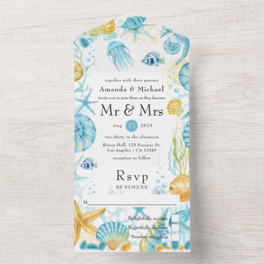 Blauw en geel Zee - Nautical Wedding All In One Uitnodiging (Binnen)