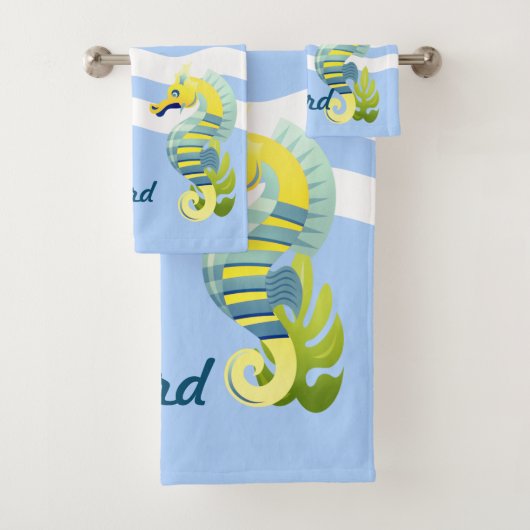 Blauw en geel zeepaard bad handdoek (Insitu)