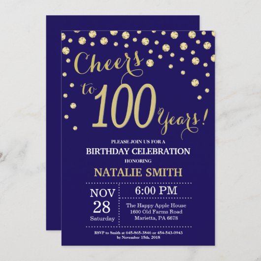 Blauw en goud 100ste verjaardag diamant kaart (Voorkant / Achterkant)