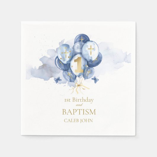 Blauw en goud 1e verjaardag en doop servetten (Voorkant)