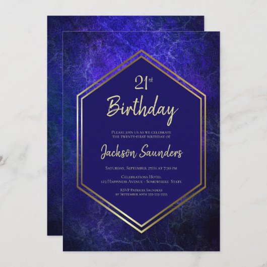 Blauw en goud 21e verjaardag kaart (Voorkant / Achterkant)