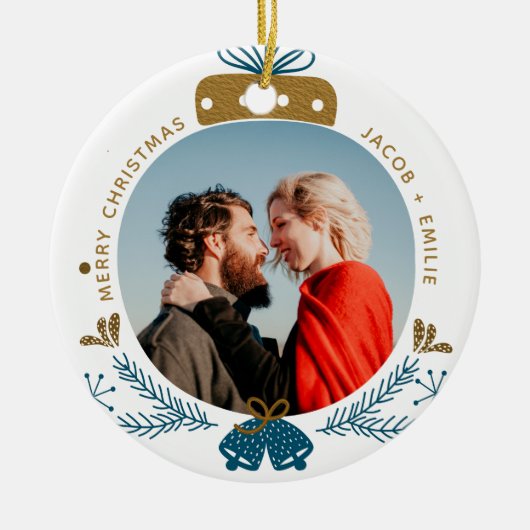 Blauw en goud | Aangepaste kerstfoto Bauble Merry Keramisch Ornament (Voorkant)