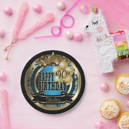 Blauw en Goud Abstract 00ste Verjaardagsster Papieren Bordje (Feest)