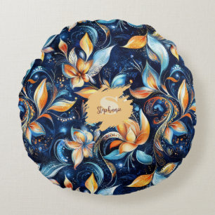 Blauw en Goud Abstract Paisley Bladeren (2) Rond Kussen