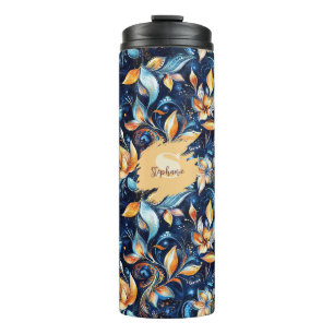 Blauw en Goud Abstract Paisley Bladeren (2) Thermosbeker
