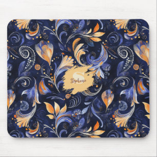 Blauw en Goud Abstract Paisley Bladeren Muismat