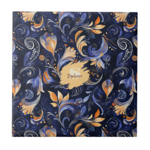 Blauw en Goud Abstract Paisley Bladeren Tegeltje