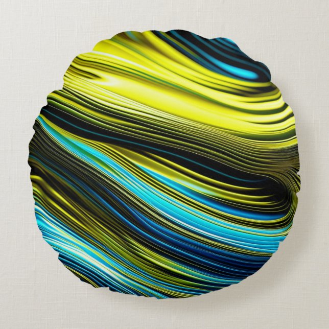 Blauw en Goud Abstract Zijde en Satijnbroodjes Rond Kussen (Voorkant)