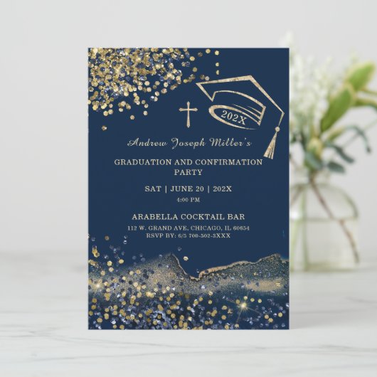 Blauw en Goud Afstuderen en Bevestiging Sjabloon Kaart (Staand voorkant)