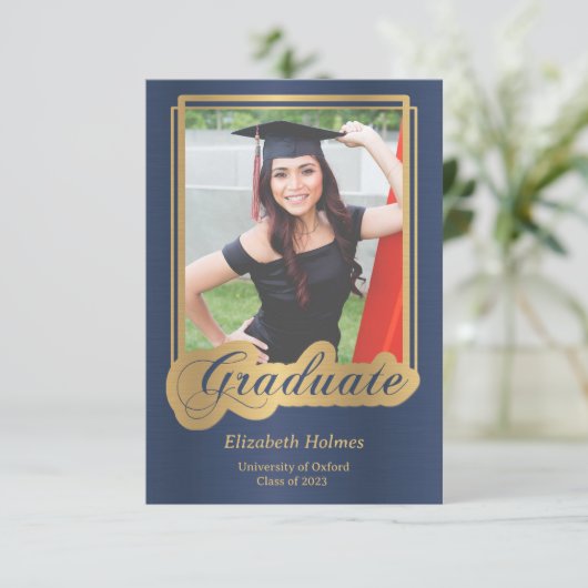 Blauw en Goud Afstuderen Fotouitnodiging Kaart (Staand voorkant)