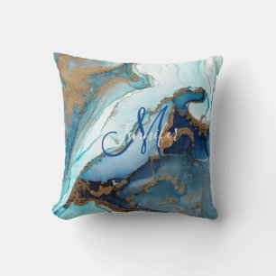 Blauw en goud agaat marmer geode Kintsugi-monogram Kussen