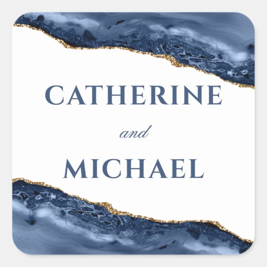 Blauw en goud agaat rand trouwgunst vierkante sticker (Voorkant)