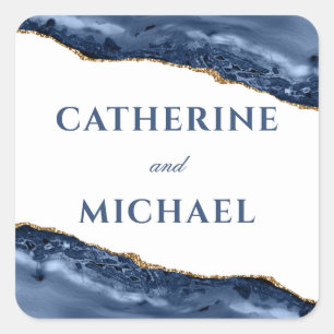 Blauw en goud agaat rand trouwgunst vierkante sticker