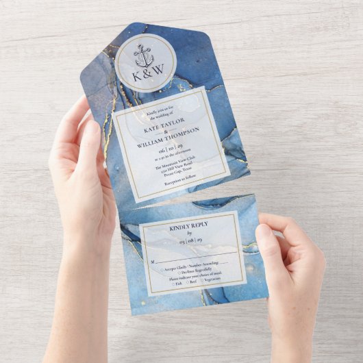 Blauw En Goud Agaat Zeeanker Trouw Uitnodiging (Afscheurbaar)