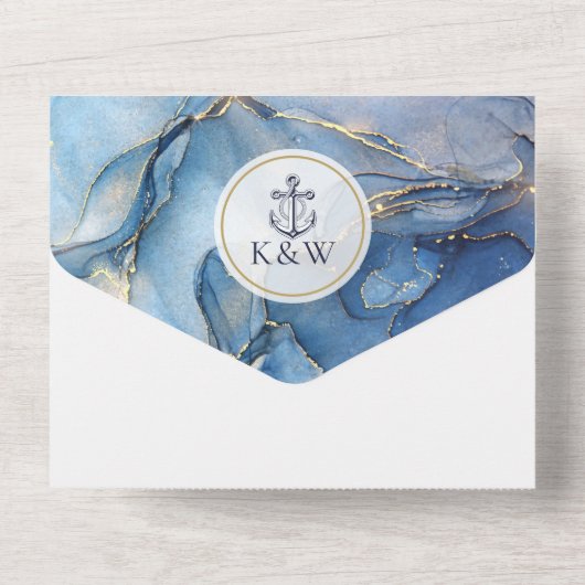 Blauw En Goud Agaat Zeeanker Trouw Uitnodiging (Achterkant)