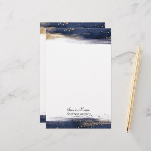 Blauw en goud aquarelpenseelstreken gepersonalisee briefpapier