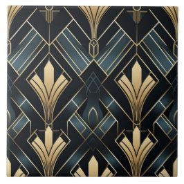 Blauw en Goud Art Deco, Glanzend en Donker Tegeltje