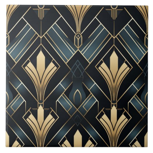 Blauw en Goud Art Deco, Glanzend en Donker Tegeltje (Voorkant)
