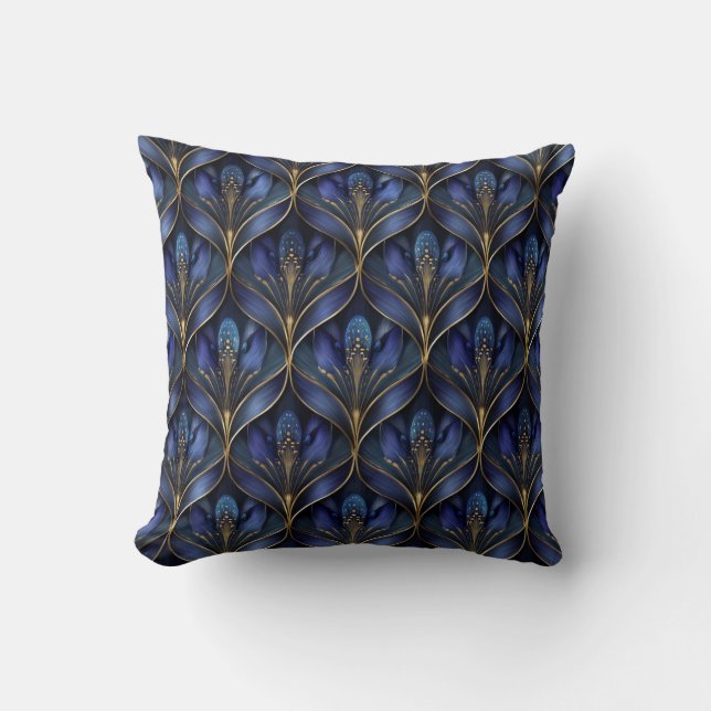 Blauw en Goud Art Deco Patroon 1 Sierkussen (Voorkant)