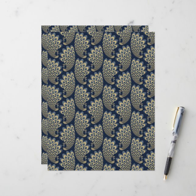 Blauw en Goud Art Deco Peacock Scrapbook Papier (Voorkant / Achterkant in situ)