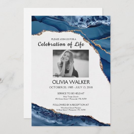 Blauw en Goud Begrafenis Vieren van het leven Kaart (Voorkant / Achterkant)