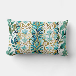Blauw en goud. Bladeren en bloemen, strepen Kussen