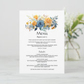 Blauw en Goud Bloem Bruiloft Menu (Staand voorkant)