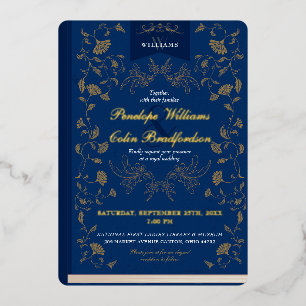 Blauw en Goud Bloemen Boek Hoesje Bruiloft Folie Uitnodiging