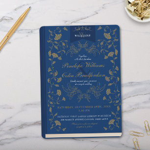Blauw en Goud Bloemen Boek Hoesje Bruiloft Kaart