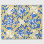  Blauw en Goud Bloemen Chinoiserie Cadeaupapier (Vlak)