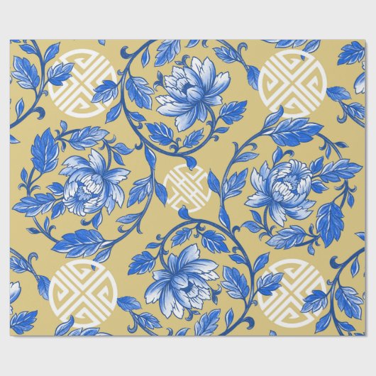 Blauw en Goud Bloemen Chinoiserie Cadeaupapier (Vlak)
