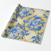 Blauw en Goud Bloemen Chinoiserie Cadeaupapier (Uitgerold)