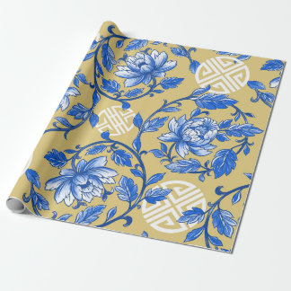 Blauw en Goud Bloemen Chinoiserie Cadeaupapier