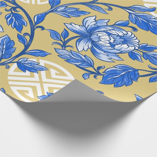 Blauw en Goud Bloemen Chinoiserie Cadeaupapier (Hoek)