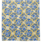  Blauw en Goud Bloemen Chinoiserie Douchegordijn (Voorkant)