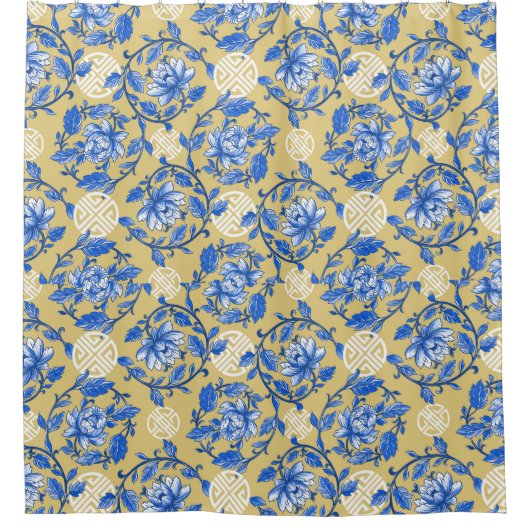  Blauw en Goud Bloemen Chinoiserie Douchegordijn (Voorkant)
