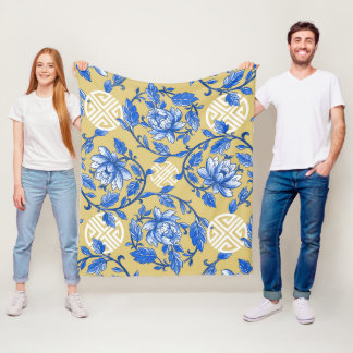 Blauw en Goud Bloemen Chinoiserie Fleece Deken