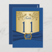 Blauw en Goud Bloemen Damast Tafelnummer (Voorkant / Achterkant)