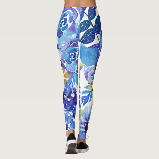 Blauw en Goud Bloemen Leggings (Achterkant)