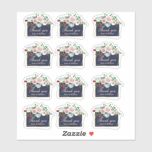 Blauw en Goud Bloemen Lijst Bruiloft Dank u Set Sticker (Vel)