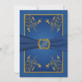 Blauw en Goud Bloemen Monogram Bruiloft Uitnodigin Kaart (Voorkant)