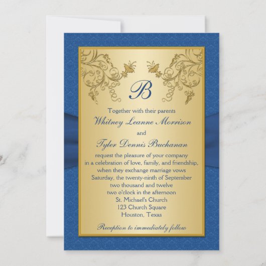 Blauw en Goud Bloemen Monogram Bruiloft Uitnodigin Kaart (Achterkant)