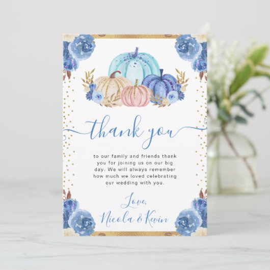 Blauw en Goud Bloemen Pompoenen Fall Wedding Bedankkaart (Staand voorkant)
